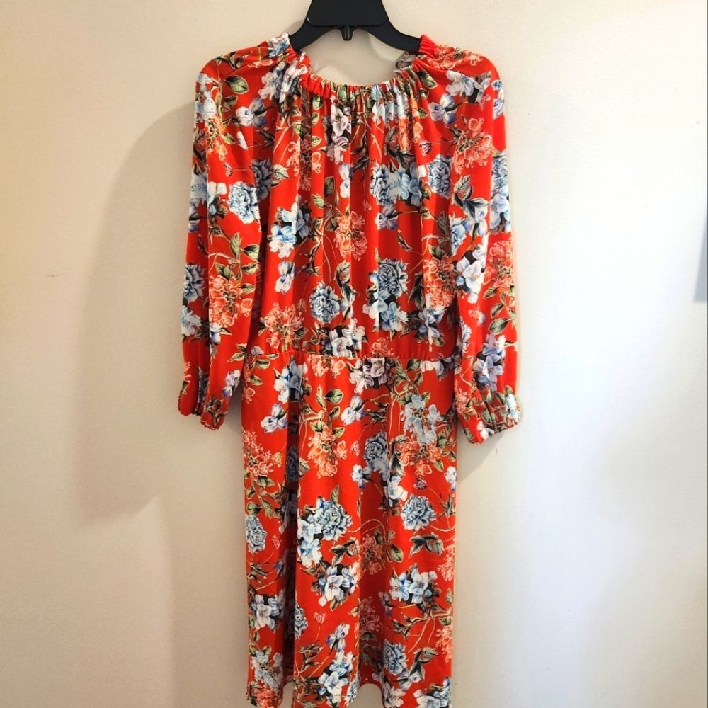 H&M Red Orange Floral Spring Summer Flowers Midi Creped Dress SZ 10